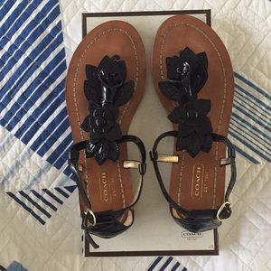 Coach Sierra black patent leather floral sandals